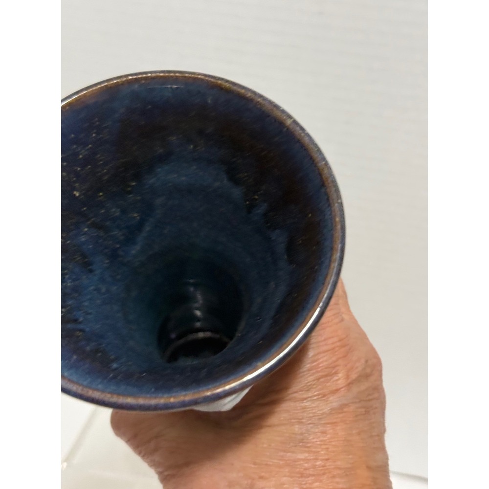 Signed Studio Pottery Flared Trumpet Vase Blue Black Drip Glaze 2006 7.5 Inch - Picture 5 of 9